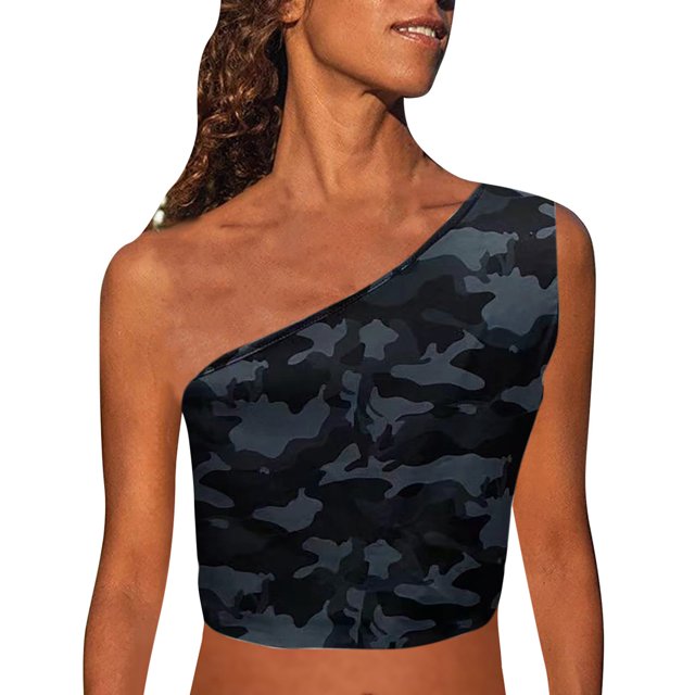 Leutsin Womens Print Tank Crop Tops Sleeveless One Shoulder Shirt Summer Charming Tees