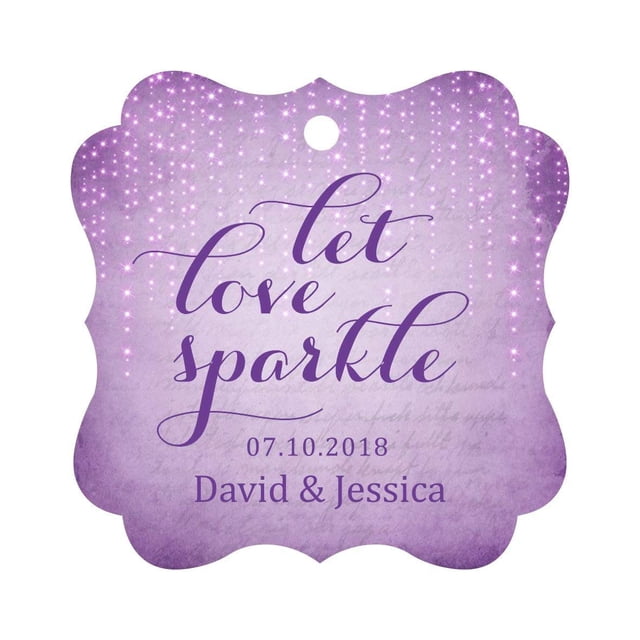 Darling Souvenir Custom Let Love Sparkle Wedding Hang Tags Personalized Fancy Frame Paper Tags -Stary Mauve Purple-50 Tags