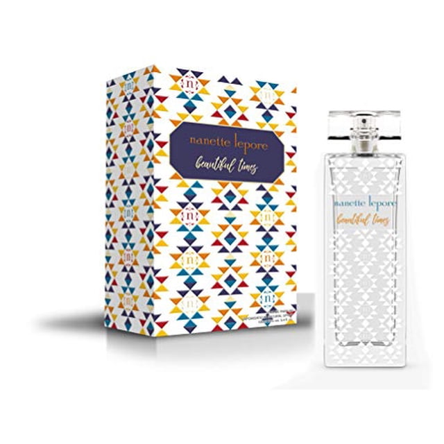 Nanette Lepore Beautiful Times EDP Spray, 3.4 Oz, perfume for women, displayed with its decorative box featuring a colourful geometric pattern. The clear glass bottle has a textured design and a rectangular cap.