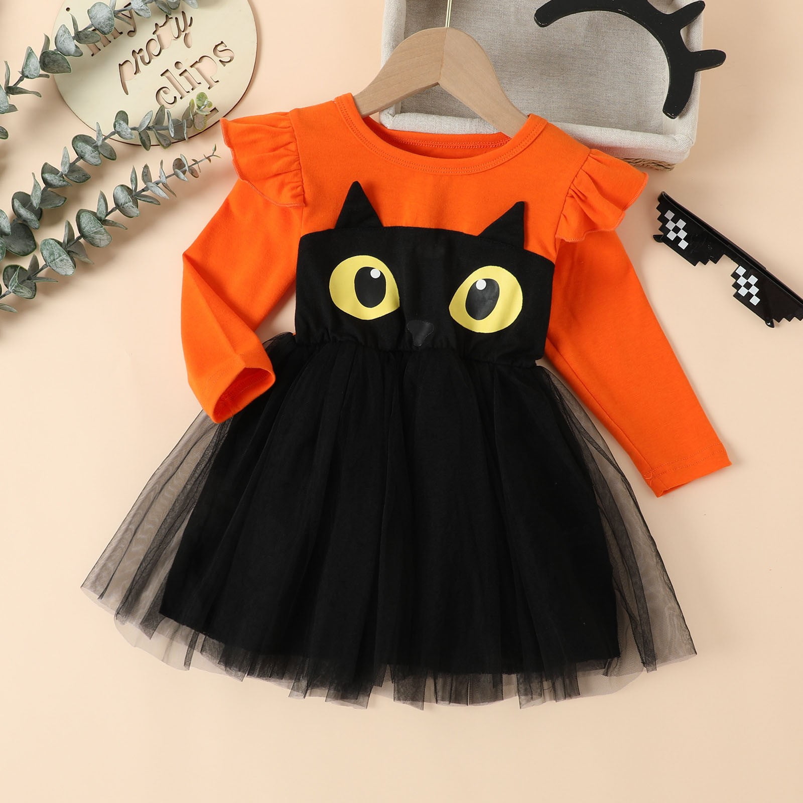 Wanpidan Girls Halloween Cat Dress Long Sleeve Mesh Party Outfit For Toddler Kids Casual Play Cartoon Tutu