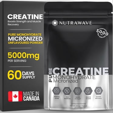 Nutrawave Poudre de Créatine Monohydrate PURE 5000 Mg par Cuillère, 60 Portions, Micronisée pour l'Absorption, la Force, la Récupération Musculaire et l'Endurance, Végane, Sans Gluten, Dissolution Rapide pour Hommes et Femmes