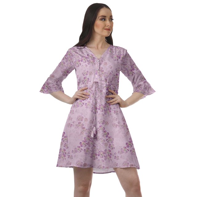 Moomaya Robe Décontractée en Poly-Crêpe pour Femmes, Imprimée, à Col en V, Mini-Robe à Cordon