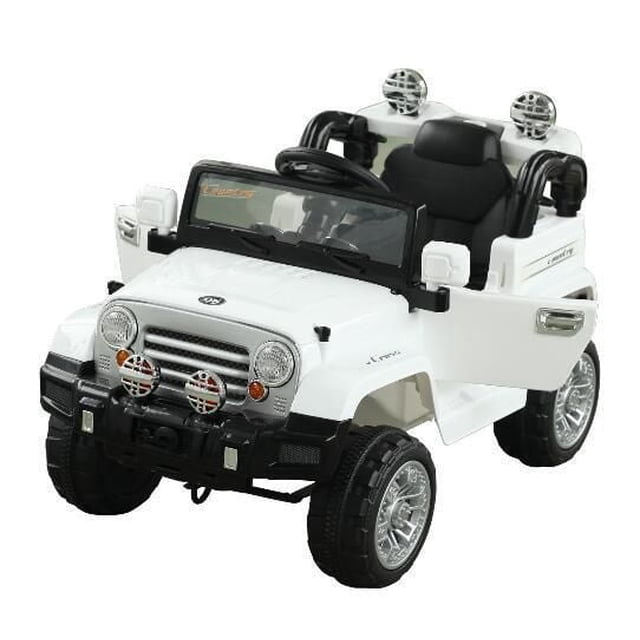 Aosom Voiture Électrique 12V pour Enfants Ride On avec Télécommande en Blanc, une jeep Ride-on Motorisée avec Portes Ouvrables, Volant et Siège Noirs, Phares Fonctionnels, grille avant avec Deux Lumières Auxiliaires Rondes, et Pneus Noirs Robustes avec Jantes Argentées, Idéale pour Jouer Dehors.