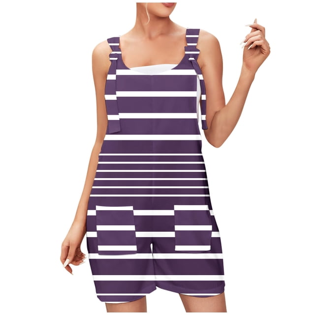 Yuyuzo Women Plus Size Linen Rompers Summer Casual Sleeveless Suspender Jumpsuits Striped Short Overalls with Pockets