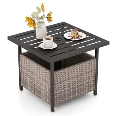 Costway Table d'Appoint en Rotin Osier Acier Mobilier d'Extérieur Terrasse Jardin Patio Piscine Gris