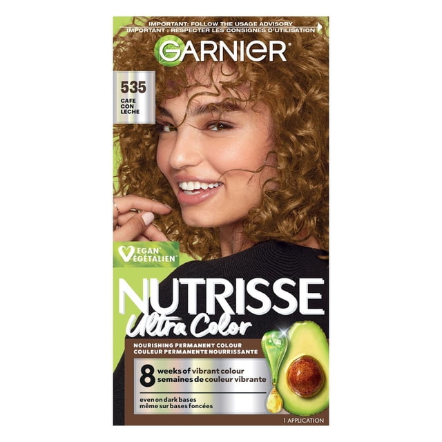 Garnier Nutrisse Ultra Color permanent hair dye in shade 535 Cafe Con Leche, enriched with nourishing fruit oils, providing 8 weeks of vibrant, long-lasting colour even on dark hair, with an avocado image on a green background.