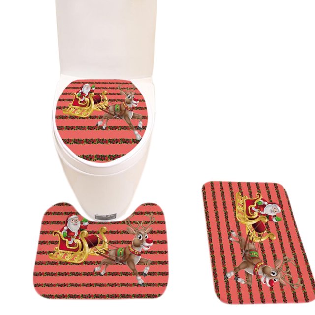 3PCS Bath Rug Set Fashion Xmas Print Decorative Toilet Rug Toilet Lid Cover for Christmas