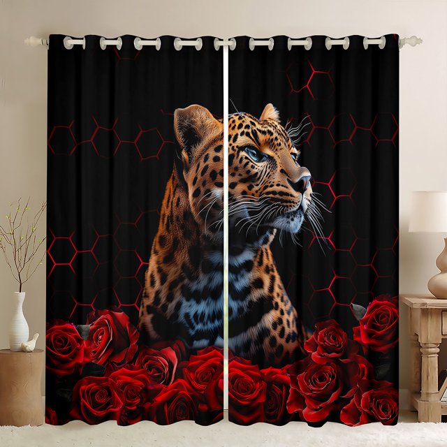 Leopard Window Drapes Block 30%-50% Light,Cheetah Rose Flower Kitchen Window Treatments 42Wx63L Inches,Red Geometric Honeycomb Decor Window Curtains