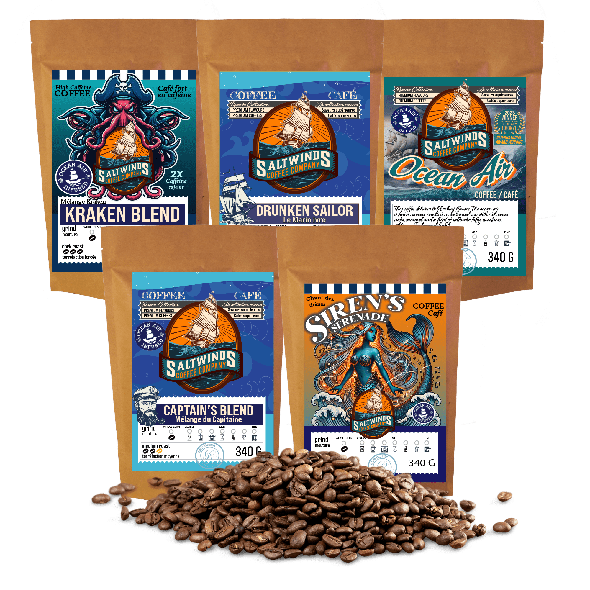 5x340 g Whole Bean Coffee Discovery Bundle | Ocean Air Infused | Canadian- Roasted  Unflavoured Bundle- Light Roast, Medium Roast, Medium Dark Roast, Dark Roast, Extra Dark Roast