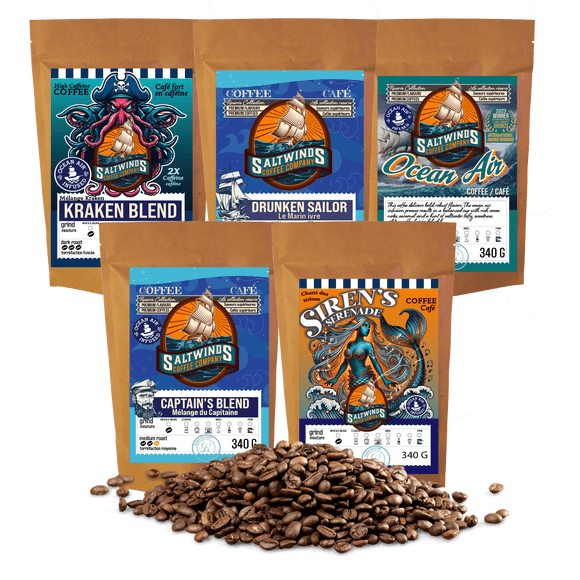 Ensemble Découverte de Café en Grains Entiers 5x340 g / Infusé à l'Air Océanique / Torréfié au Canada Non Aromatisé – Ensemble – Torréfaction Légère, Torréfaction Moyenne, Torréfaction Mi-Noire, Torréfaction Foncée, Torréfaction Extra Foncée