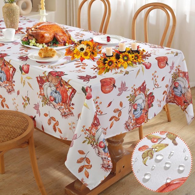 Fall Pumpkin Tablecloth Rectangle, Holiday Table Cloth with Printed Watercolor Pumpkins & Fall Leaves, Spill Proof Table Cover for Harvest Thanksgiving Table Decor (Rectangle, 60" x 120")