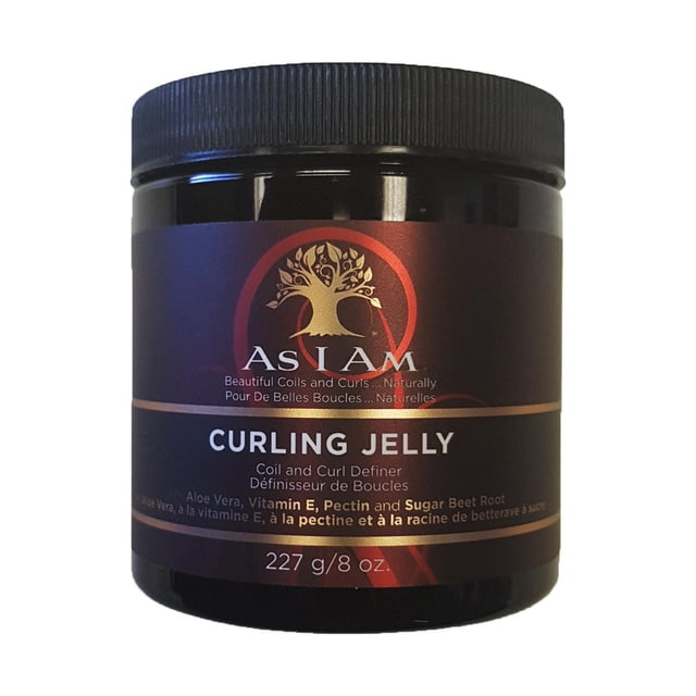 AS I Am Curling Jelly in a black 227 g (8 oz) jar with ribbed lid, featuring a brown label with gold and white text, formulated with aloe vera, vitamin E, pectin, and sugar beet root to define and hydrate natural curls and coils with long-lasting hold.
