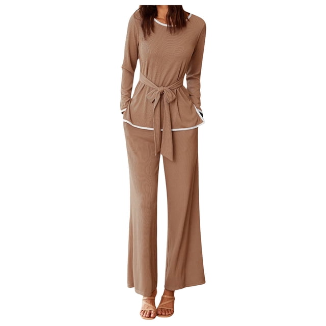TJAZFJPA Sweatsuits Women 2 Piece Outfit Petite 2 Piece Sets Solid Color for Women Ribbed Tie Front Top Wide Leg Pants Matching Sets Tracksuits Fall Outfits