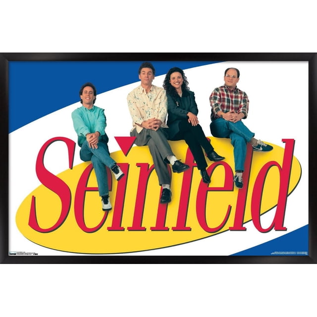 Seinfeld - Affiche Murale Logo, 22,375 Po x 34 Po Affichant Quatre Figurines Assises au Sommet d'Un Grand Texte Rouge « Seinfeld » sur un Ovale Jaune avec un Fond Bleu et Blanc, Encadrée en Noir, Convient pour Décorer des Chambres, des Bureaux Ou des Résidences Étudiantes.