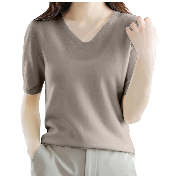 GDREDA Women's 100% Merino Wool Base Layer Shirt V Neck Short Sleeve Travel Hiking Tee T Shirt Pullover Tops Grey,M