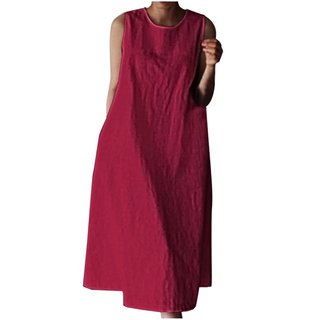 Birdeem Robe Débardeur Décontractée Sans Manches pour Femmes Printemps/été, Unie, avec Poches, Col Rond, Plissée, en Coton et Lin