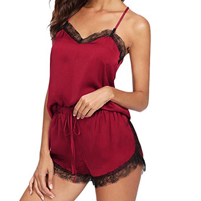 Qertyioot Pyjama pour Femmes Sans Manches à Bretelles, Ensemble de Nuit avec Garniture en Dentelle, Tenue de Sommeil