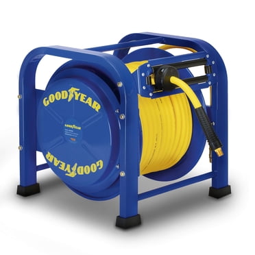 Goodyear Retractable Air Hose Reel, 3/8" x 100 Feet, 300 PSI, Spring-Driven Steel, Heavy Duty Industrial, Flex Hybrid Polymer Hose, Portable and Durable