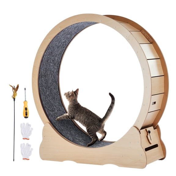 KFFKFF Wooden Cat Exercise Wheel, 43.3" Large Cat Treadmill Wheel for Indoor Cats, Cat Running Wheel with Detachable Carpet & Cat Teaser for Running/Walking/Training, Suitable for Most Cats Yellow
