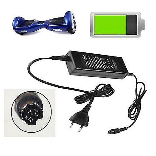 Hoverboard Charger-gyro/outboard Balance Board Charger 42V/2A with UL2272 and CE certification. The image shows a black charger with a power cord and a circular connector, suitable for hoverboards. A blue hoverboard and a green battery icon are also visible, indicating charging functionality.