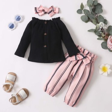 LSLJS Toddler Baby Girls Cotton Striped Lace Collar Long-Sleeved Romper with Printing Floral Pants Headband Suit, Kids Outfits