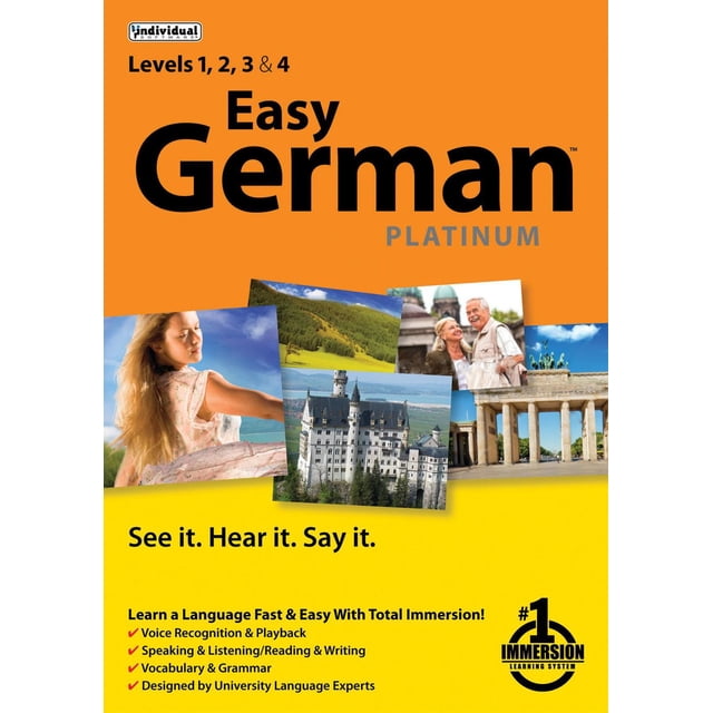 Easy German Platinum Couverture de Logiciel d'Apprentissage de la Langue avec Niveaux 1 à 4, avec des images de Monuments Allemands Tels Que le Château de Neuschwanstein et la Porte de Brandebourg, des Paysages Campagnards et des Scènes Culturelles sur un Fond orange et Jaune, Mettant en Valeur la Reconnaissance Vocale, un Apprentissage Immersif et un design d'Expert Universitaire.