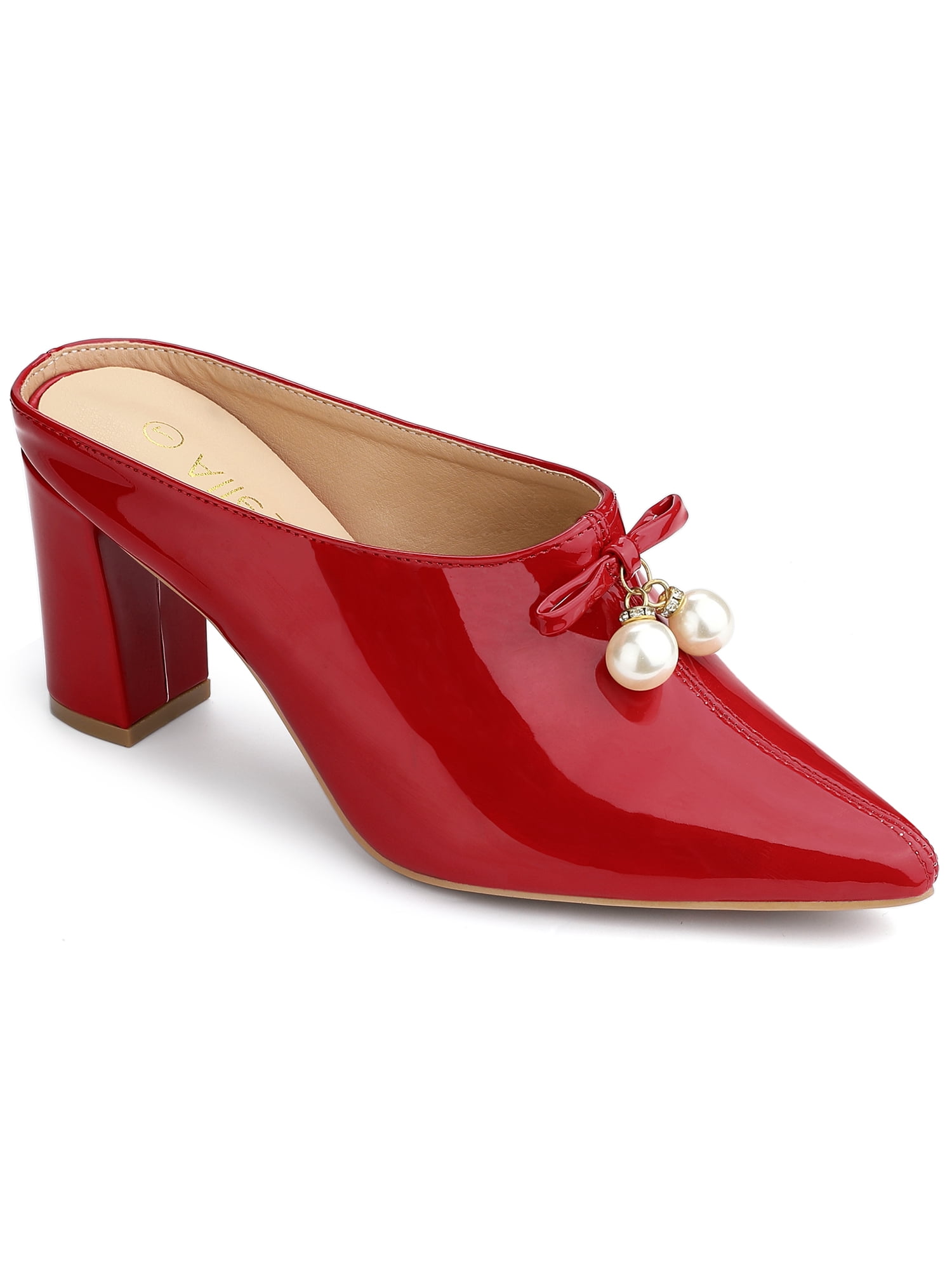 BLISSFUL STEP Women's Pearl Bow Block Heel Slides Mules Red 10