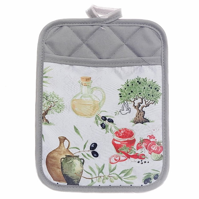 Pots Porte-pot avec Poche pour Olives - Ensemble de 6 Montrant un Porte-pot Matelassé Gris en polyester Orienté vers l'Avant avec une Poche, Décoré d'Un Motif d'Olivier Multicolore Incluant des Oliviers, des Olives Noires, des et des Tomates, Format 6,75 x 9 Pouces, Lavable à la machine pour la protection contre la Chaleur dans la Cuisine.