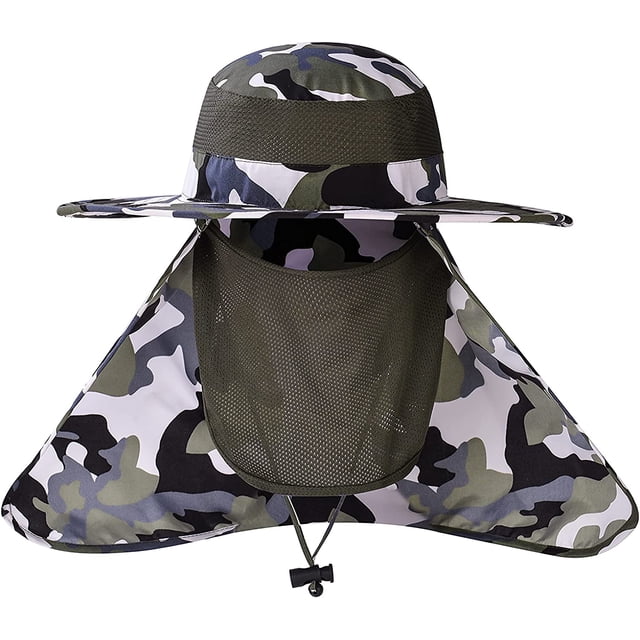 Chapeau de Soleil Unisexe UPF 50+ à Grand Bord avec Motif camouflage, Rabat de Nuque Amovible et Masque Facial Respirant pour une protection UV à 360°. Fabriqué en nylon Léger à Séchage Rapide, Ce Chapeau d'Été Pliable Est Idéal pour les Activités de Plein Air comme la Pêche, la Randonnée et le Bateau. Classé dans la Catégorie Chapeaux de Soleil pour Femmes.