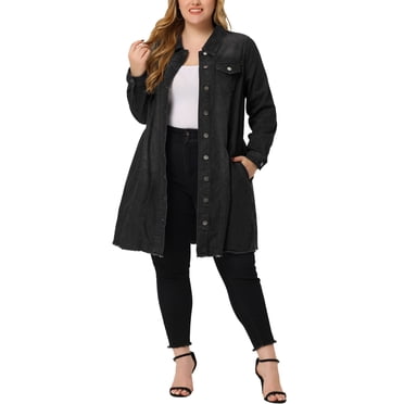 GRACE & GRANDEUR Women's Plus Size Long Sleeve Maxi Denim Jacket Distressed Long Jean Coat with Chest Pockets 1X Black