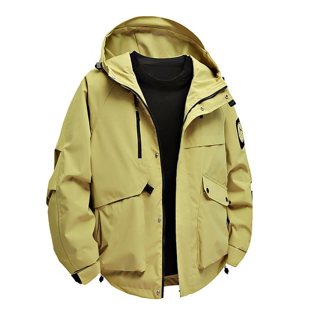 PEONAVET Mens Jacket Men's Solid Color Waterproof Long Sleeved Hooded Workwear With Multiple Pockets Jacket