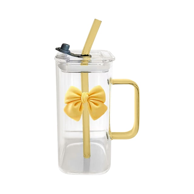 Kyusrd Tasse en Verre Carrée Transparente avec Poignée Nouée et Paille pour Café et Lait 400 ml