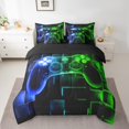 thumbnail image 2 of 7Pcs Kids Gamer Comforter Set King, Gaming Bedding Comforter Set, Video Games Gamepad Bed In A Bag Neon Glowing Square Geometric Grid Blue Green Bed Sets With Comforter And Sheets, 2 of 5