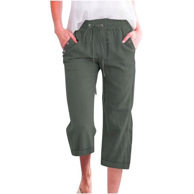hotojiny Plus Size Spring Clothes for Women Lightweight Cotton Linen Capris Drawstring Elastic Waist Cropped Pants with Pockets