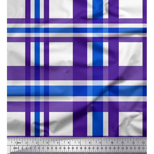 Soimoi Blue polyester Crepe Fabric Gingham Check Fabric Prints By Yard 52 Inch Wide