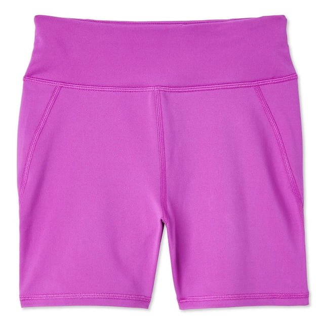 Athletic Works Girls' Compression Short in vibrant pink with wide elasticized waistband and stretch interlock knit fabric featuring DRI-MORE sweat-wicking technology, designed for girls' activewear bottoms to support movement and comfort during play.