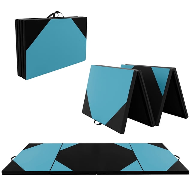 Gymax 10' x 4' x 2'' 4-Panel Folding Gymnastics Exercise Mat w/ Loop Fasteners Blue & Black