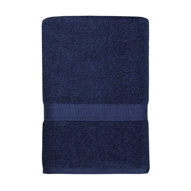 Mainstays Basics Drap de Bain Uni Bleu Marine, Plié à Plat pour Montrer la Douceur, Tissu Éponge 100 % Coton Absorbant avec Bande Tissée Décorative, Mesurant 30 par 60 Pouces, Idéal pour l'Usage Quotidien à la Salle de Bain et Souvent Utilisé comme Enveloppe Légère après le Bain.