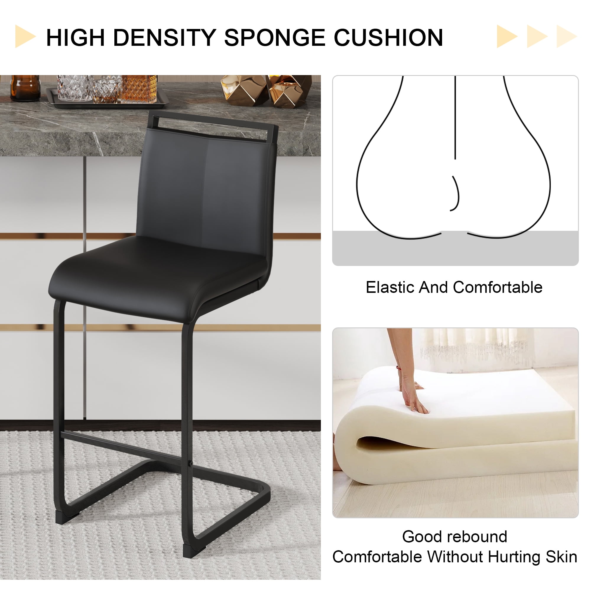 Noble House Ensemble de 2 tabourets de bar moderne, cuir PU noir avec cadre métallique, dossier ergonomique de 38" et pieds antidérapants, noir
