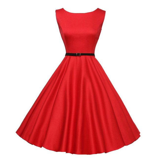 Fridja Lady Solid Color Short-Sleeved O-Neck High-Waisted Big Swing Party Dress in a vibrant red color. The dress features a fitted bodice, a high waistline, and a flared big swing skirt. Made from polyester, it has short sleeves and an O-neck design, suitable for parties, casual outings, or beachwear. The dress is accessorized with a slim black belt at the waist, adding a touch of elegance.