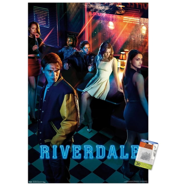 Riverdale - Key Art Wall Poster, 22.375" x 34" depicting a group of young adults in a neon-lit retro diner with a checkerboard floor. The central figure wears a varsity jacket, surrounded by casually and semi-formally dressed people, making it a striking piece of room decor and wall art.