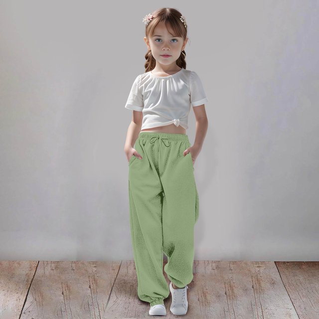 PMVFHDE Kids Pants Medium And Large Children Casual Girls Solid Color Drawstring Sweatpants,Green,7-8 Years