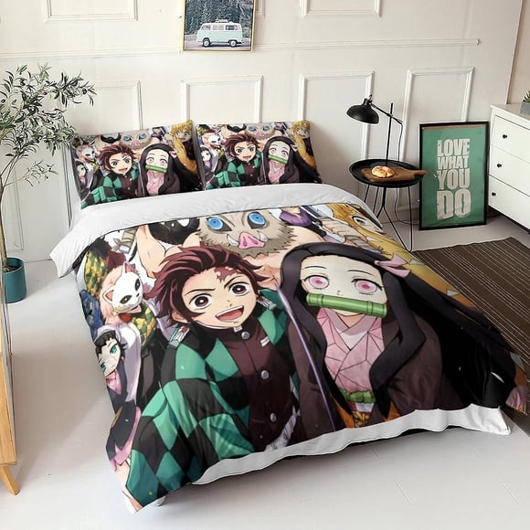 Demon Slayer Ensemble de Housse de Couette en Microfibre Demon Slayer Ensemble de Literie avec Housse de Couette et Taies d'Oreiller pour Lit d'Adulte et d'Enfant 135*200 cm