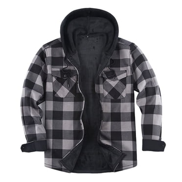 LNWUY Men's Sherpa Lined Flannel Jacket with Hood Zip Up Plaid Shirt Jacket Thickened Winter Outdoor Warm Outerwear Fleece Coat Gray XL