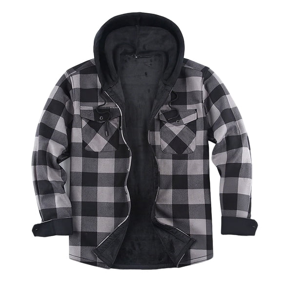 LNWUY Men's Sherpa Lined Flannel Jacket with Hood Zip Up Plaid Shirt Jacket Thickened Winter Outdoor Warm Outerwear Fleece Coat Gray XL