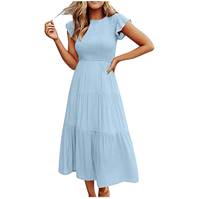 Summer dress for women with sleeves in a solid light blue color, featuring flying sleeves and a tiered mid-length skirt. This lightweight polyester dress combines casual style with a fashionable temperament, making it ideal for summer occasions such as parties, weddings, or daily wear. The dress is displayed on a model standing against a white background.