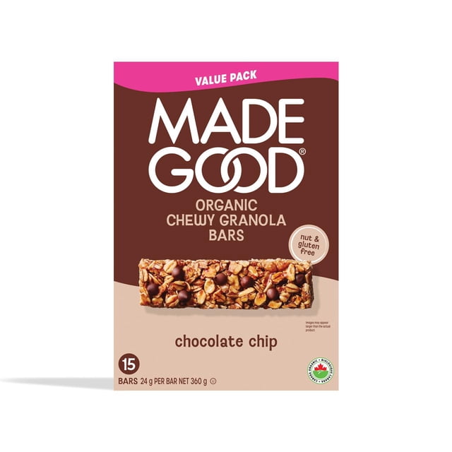 MadeGood Barres Granola aux Pépites de Chocolat, Boîte d'Emballage Valeur Montrant une Barre Granola Biologique Moelleuse avec des Pépites de Chocolat, Étiquetée Sans Noix et Sans gluten, Contenant 15 Barres de 24 g Chacune, avec logo de certification Biologique Canadien, Convient pour une Collation Sécuritaire pour l'École.
