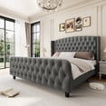 thumbnail image 1 of PIONEERWORKS 51" Tall Queen Size Bed Frame with Deep Button Tufted Wingback Headboard and Footboard, Velvet Upholstered Platform Bed Frame, Grey, 1 of 8