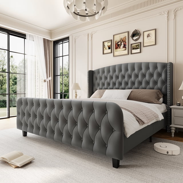 PIONEERWORKS 51" Tall Queen Size Bed Frame with Deep Button Tufted Wingback Headboard and Footboard, Velvet Upholstered Platform Bed Frame, Grey
