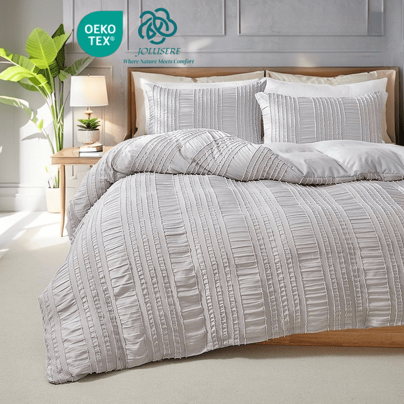 JOLUSERE Light Gray Soft Breathable Striped Textured Duvet Cover Bedding Queen Size